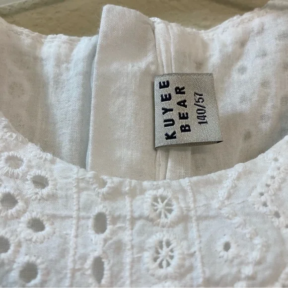 Kuyee Bear White Eyelet Girl’s Dress Navy Trim Size 140/57 Cottagecore Coquette - Picture 3 of 8